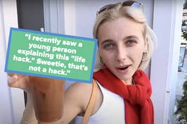 Split image: Left side shows a woman speaking, right side displays another, wearing a hat and striped shirt. Text mentions "girl math."