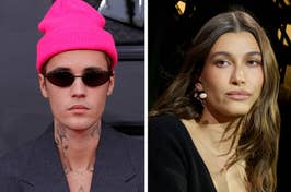 A closeup of Justin Bieber vs a closeup of Hailey Bieber