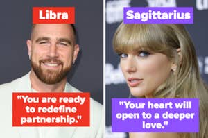 Two side-by-side graphics with zodiac signs Libra and Sagittarius and their horoscopes