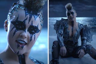 Split-image of a person in elaborate makeup and costume similar to a rock star, complete with studs and dramatic shoulder pieces