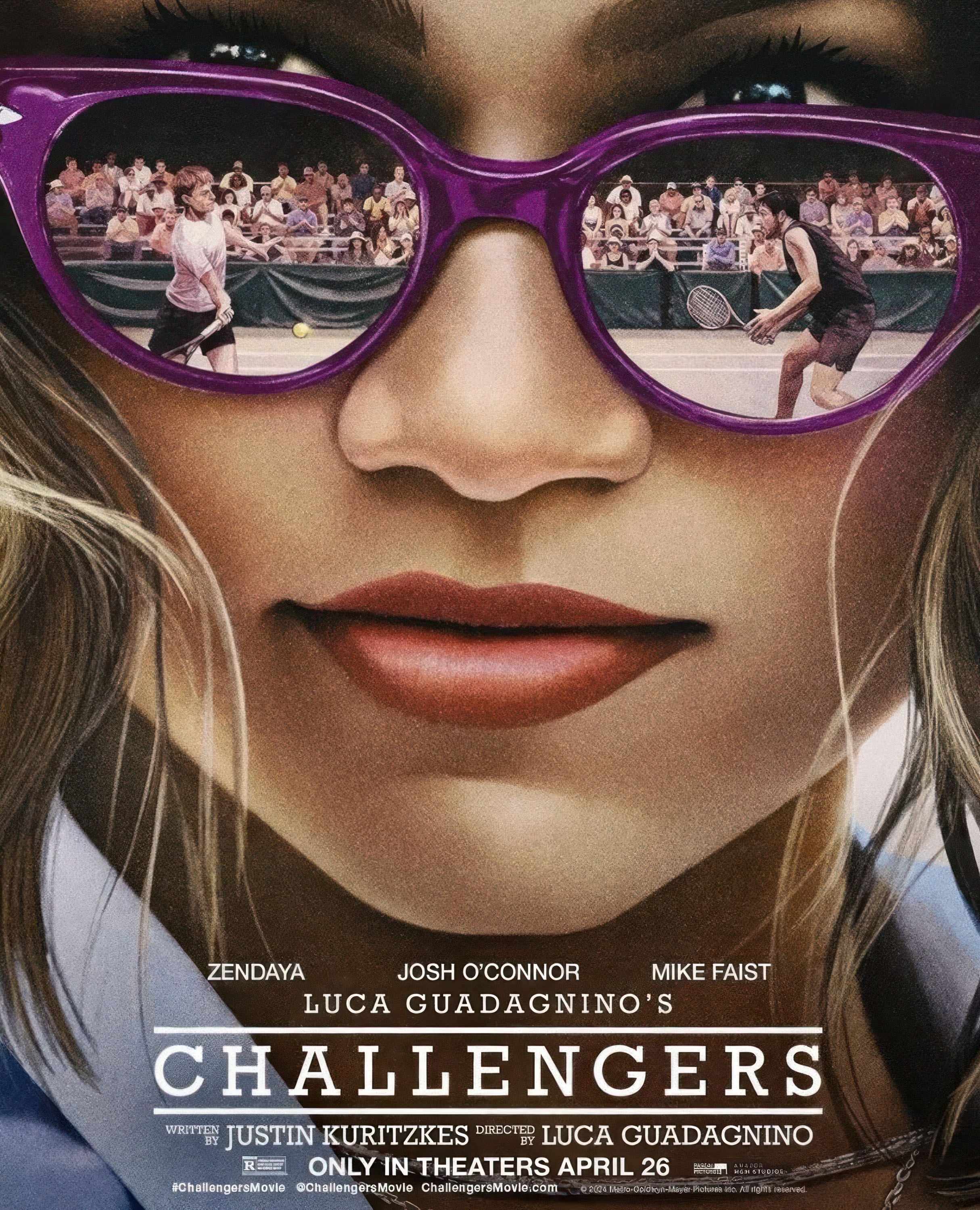 Movie poster for &quot;Challengers&quot; featuring Zendaya in sunglasses with reflection of tennis audience. In theaters April 26