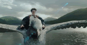 Harry Potter rides a Hippogriff over a lake with mountains in the background