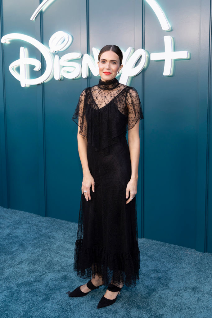 Mandy Moore in a lace dress at a Disney+ event