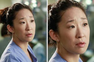 Dr. Cristina Yang from "grey's anatomy" as portrayed by Sandra Oh, making a concerned face while wearing healthcare scrubs