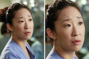 Dr. Cristina Yang from "grey's anatomy" as portrayed by Sandra Oh, making a concerned face while wearing healthcare scrubs
