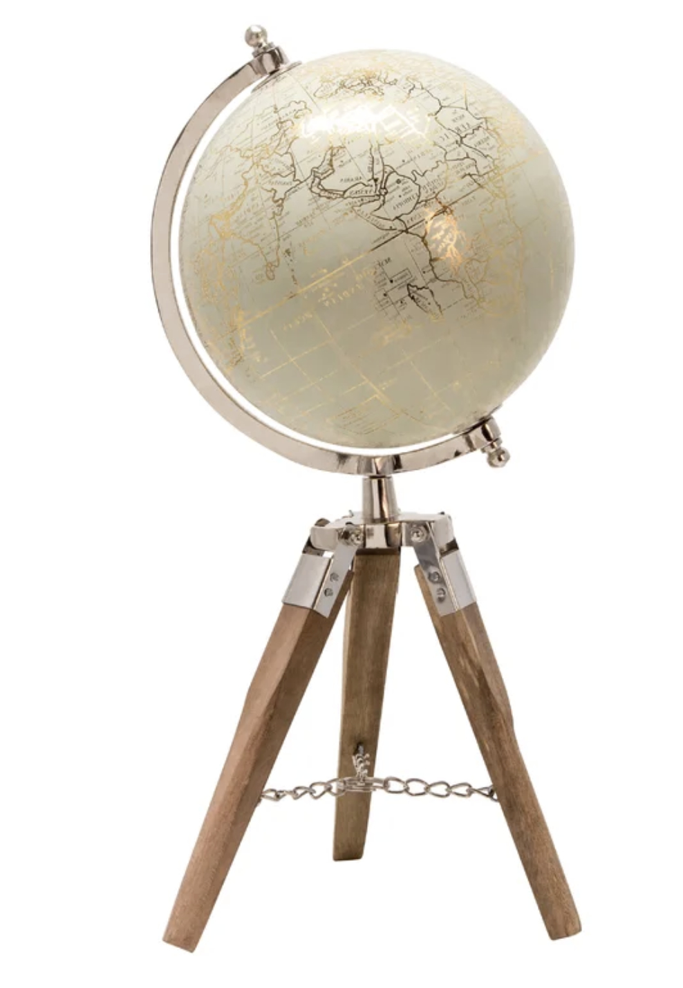 A raised globe on a wooden tripod stand with a metal meridian