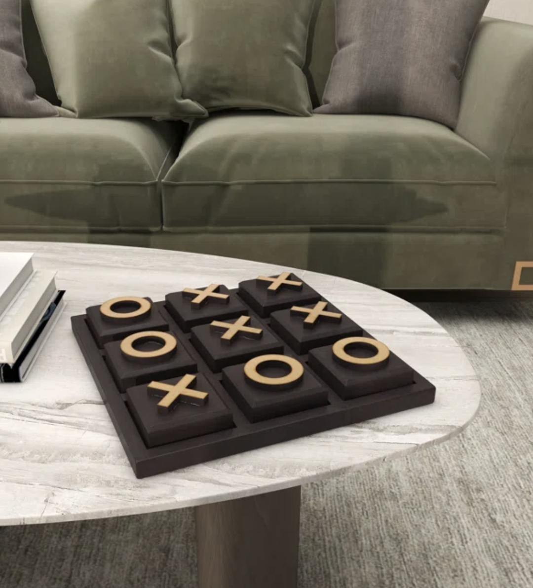 Tic-Tac-Toe game on a marble table in a living room setting