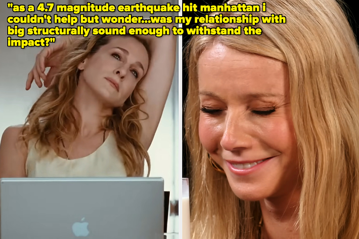 Carrie Bradshaw ponders at a laptop vs Gwyneth Paltrow laughing