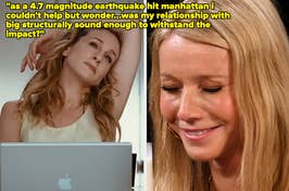 Carrie Bradshaw ponders at a laptop vs Gwyneth Paltrow laughing