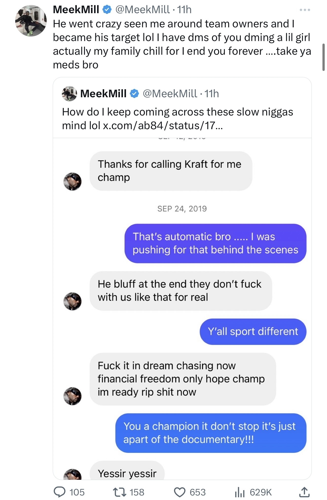 The image contains a series of tweets from Meek Mill discussing a person&#x27;s support and financial independence