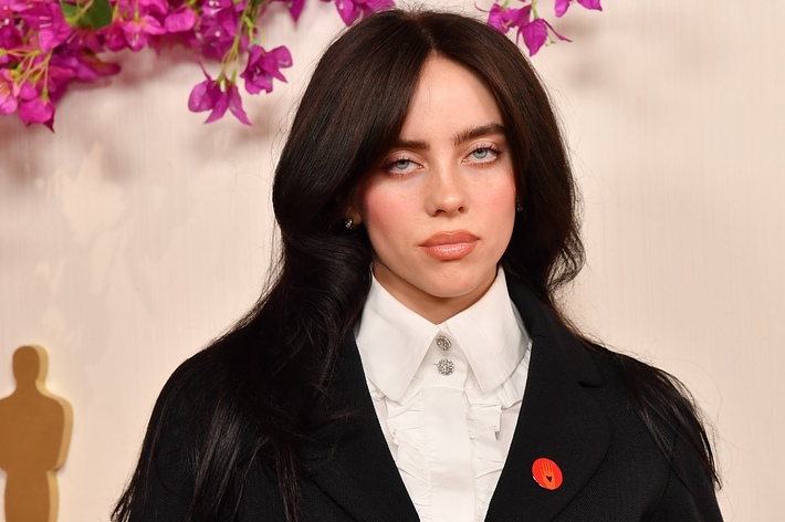 Billie Eilish wearing a black jacket over a white shirt, adorned with a red poppy pin