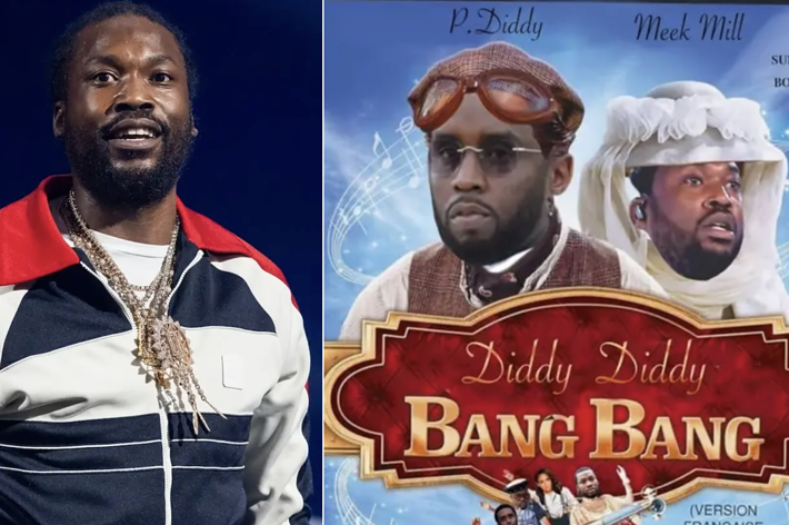 Meek Mill in a red, white, and blue jacket next to his album cover with P. Diddy