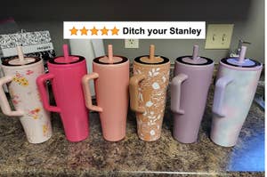 A reviewer's seven bottles with text "ditch your stanley"