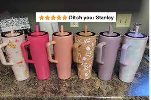 A reviewer's seven bottles with text "ditch your stanley"