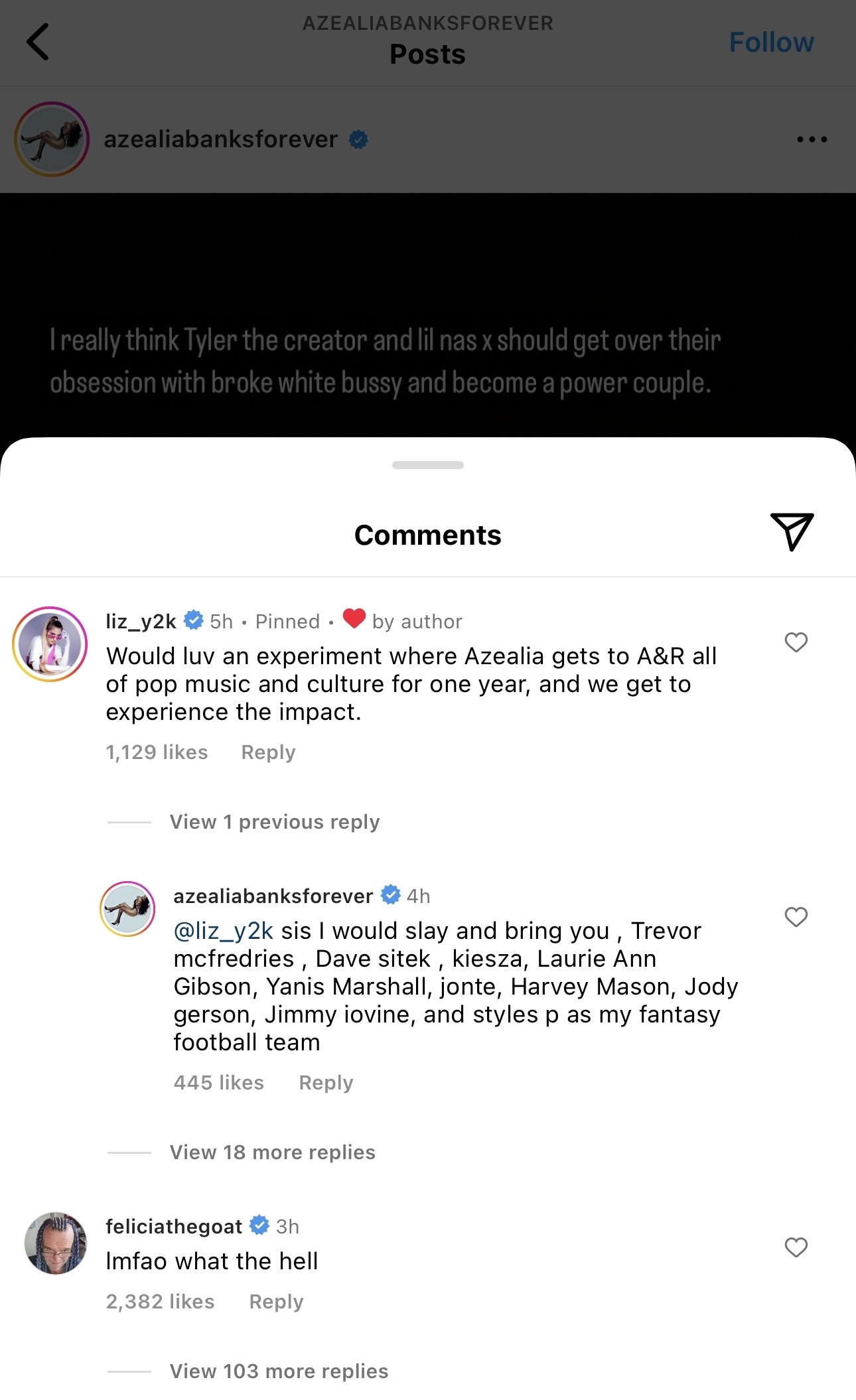 A screenshot from a social media platform showing a post by Azealia Banks with comments by other users engaging in a discussion about the music industry