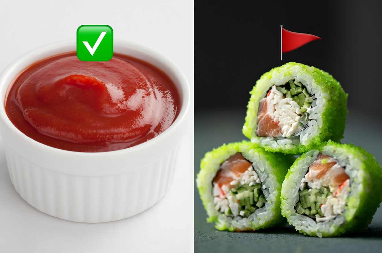 A ketchup bowl with a tick mark, next to sushi pieces with a flag pin