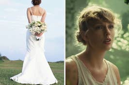Split image: Left - person in white wedding dress holding bouquet, back-facing. Right - Taylor Swift looking pensive