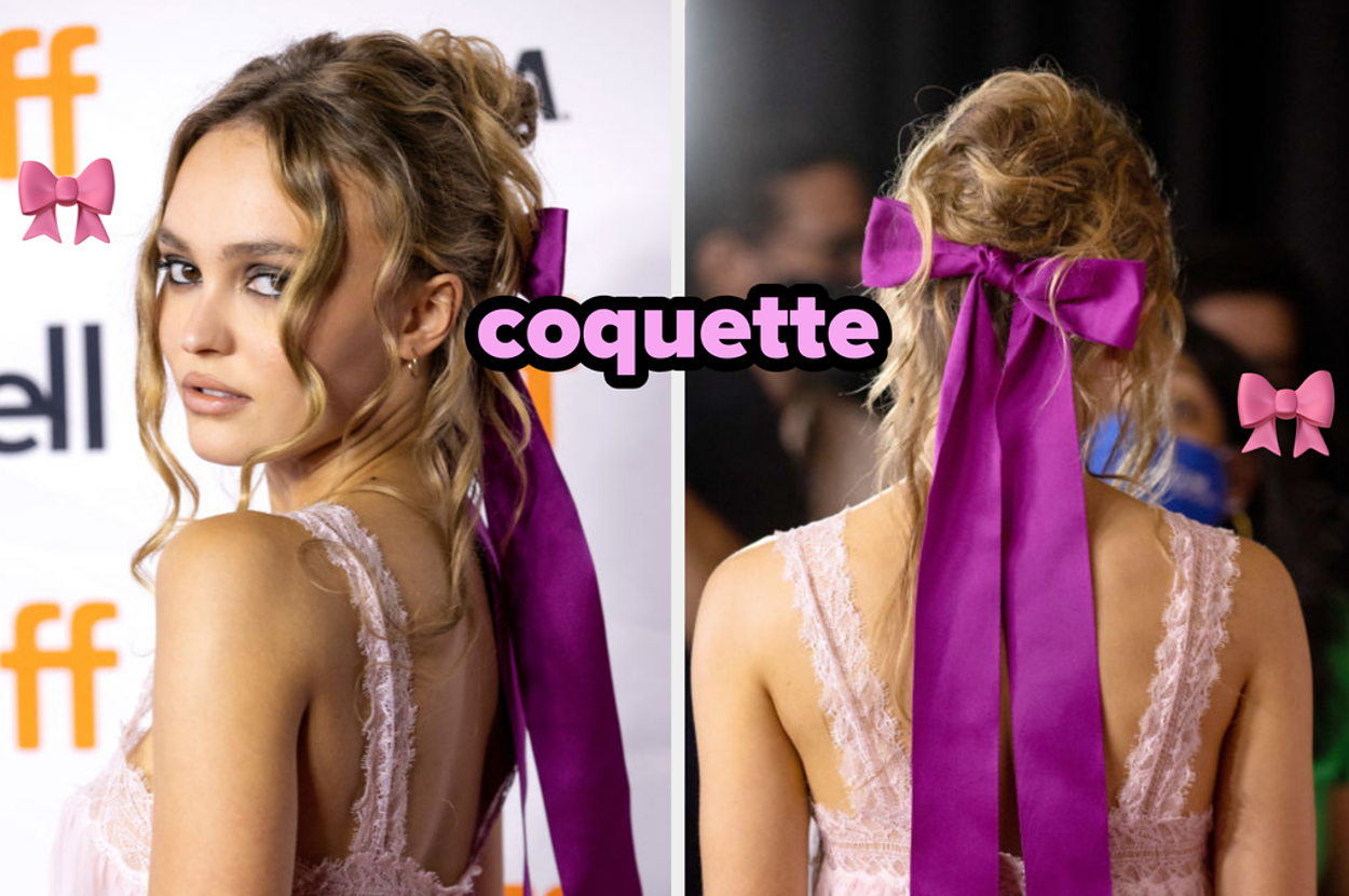 Lily-Rose Depp with a playful hairstyle featuring a long purple ribbon at a formal event