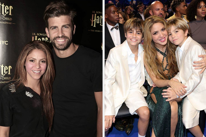 Two photos: Left shows Shakira with Gerard Piqué, both smiling. Right shows Shakira with two boys, all in formal attire