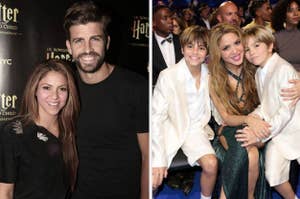 Two photos: Left shows Shakira with Gerard Piqué, both smiling. Right shows Shakira with two boys, all in formal attire