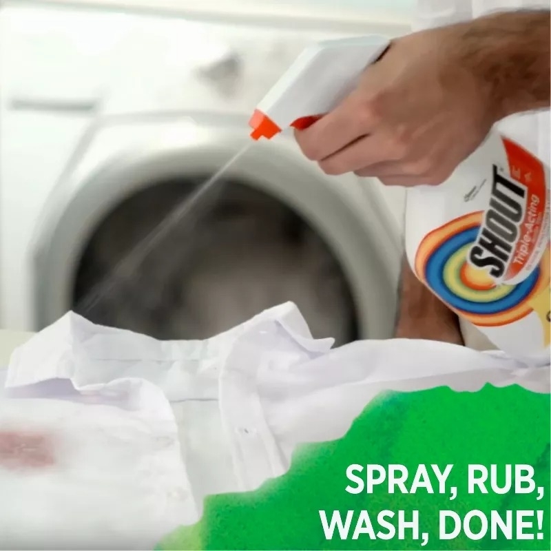 Person uses Shout stain remover on a white shirt; text reads &quot;SPRAY, RUB, WASH, DONE!&quot;