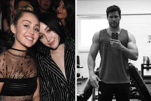 Two separate images, left shows woman with long hair, right shows man in black suit and woman in green dress