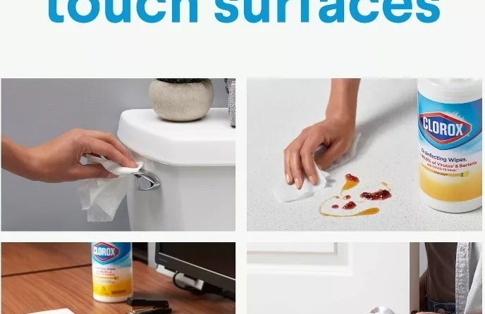 Four-image collage showing different surfaces being cleaned with disinfectant wipes