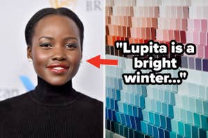 Lupita Nyong'o smiling, next to a palette with the quote "Lupita is a bright winter..."