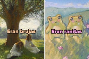 Dos pinturas: la izquierda muestra dos personas bajo un árbol y la derecha tiene ranas con flores. Texto: "Eran brujas" y "Eran ranitas"