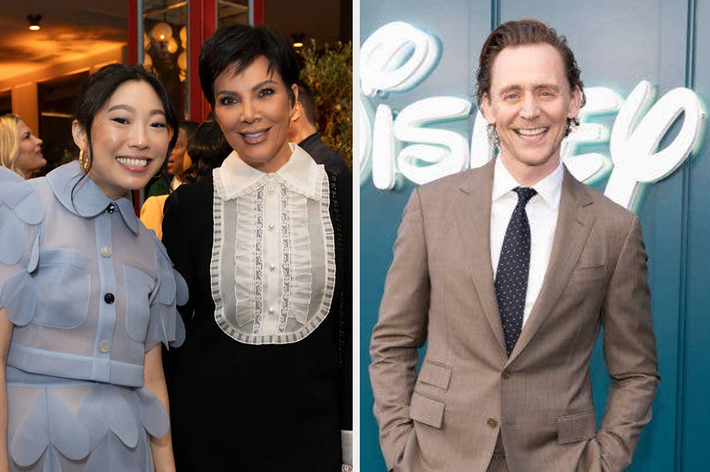 Two separate images; on the left, two women in styled attire; on the right, a man in a suit in front of a logo backdrop