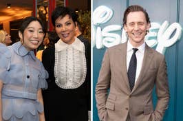 Two separate images; on the left, two women in styled attire; on the right, a man in a suit in front of a logo backdrop