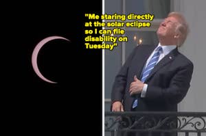 A solar eclipse vs Donald Trump looking up on the right with a humorous caption about the eclipse