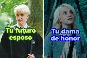 Montajes de Draco y Luna de Harry Potter con textos "Tu futuro esposo" y "Tu dama de honor"