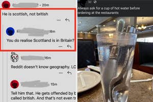 Screenshot of online conversation about Scottish identity with humorous misunderstanding about geography