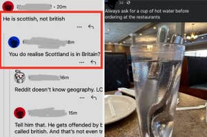 Screenshot of online conversation about Scottish identity with humorous misunderstanding about geography