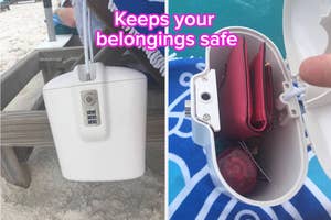 Portable safe with combination lock attached to a beach chair and open safe showing wallet and personal items for security while outdoors