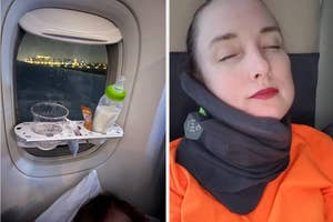 An airplane tray with a cup, snacks, and a baby's bottle/Travel neck pillow in use by a reviewer sleeping