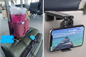 Left: Travel cup secured on luggage. Right: Smartphone mounted on airplane seat back displaying a beach scene