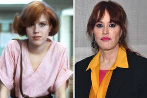 Split image of actress Molly Ringwald in a past movie role on left, and current photo on right