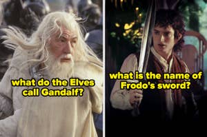Gandalf with pointed hat in a scene on left; Frodo holding a sword on the right with text questions about Elves and sword name