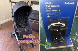 Two images: left shows a compact folding stroller, right is a stroller fitting in airline baggage sizer