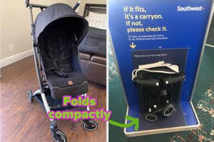 Two images: left shows a compact folding stroller, right is a stroller fitting in airline baggage sizer