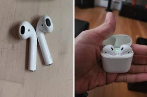Two images of wireless earbuds, one with the earbuds out of the case and the other showing them in the charging case