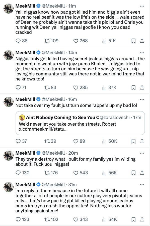 Two screenshots from Meek Mill&#x27;s Twitter feed discussing industry dynamics and personal sentiment in a music context