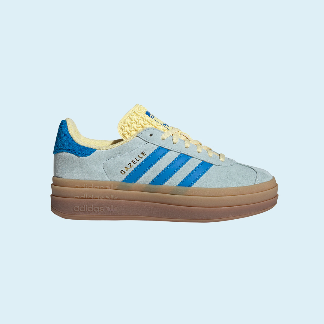 Adidas Gazelle sneaker with blue stripes and tan sole