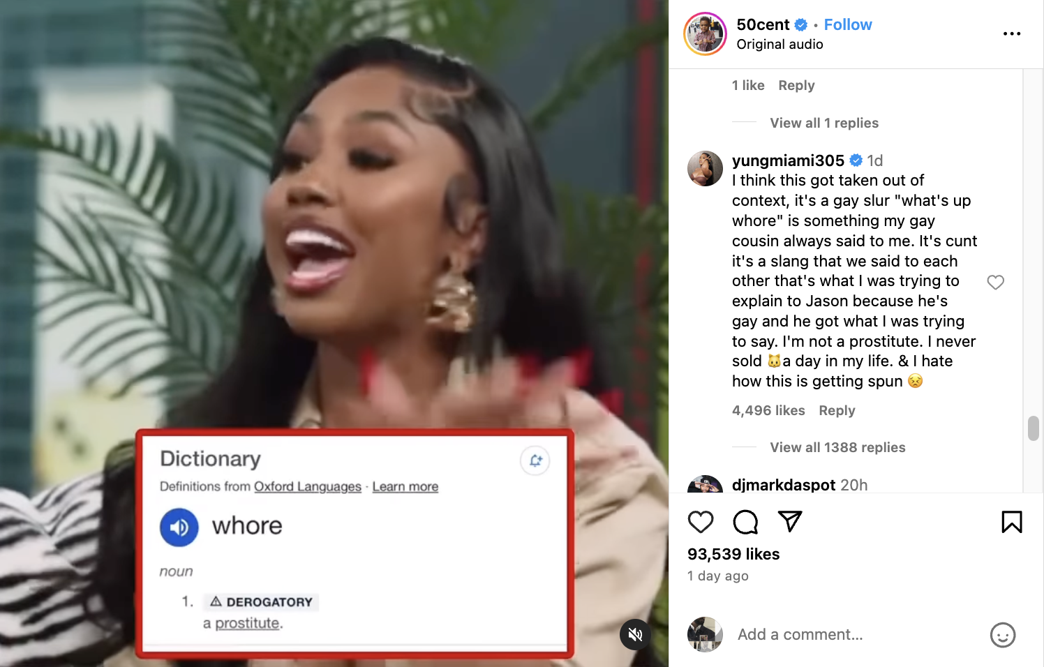 Megan Thee Stallion speaking animatedly, displayed on a screen with a dictionary definition pop-up