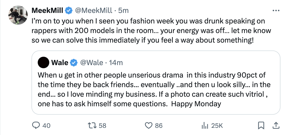 Tweet exchange between Meek Mill and Wale discussing industry drama and personal misunderstandings