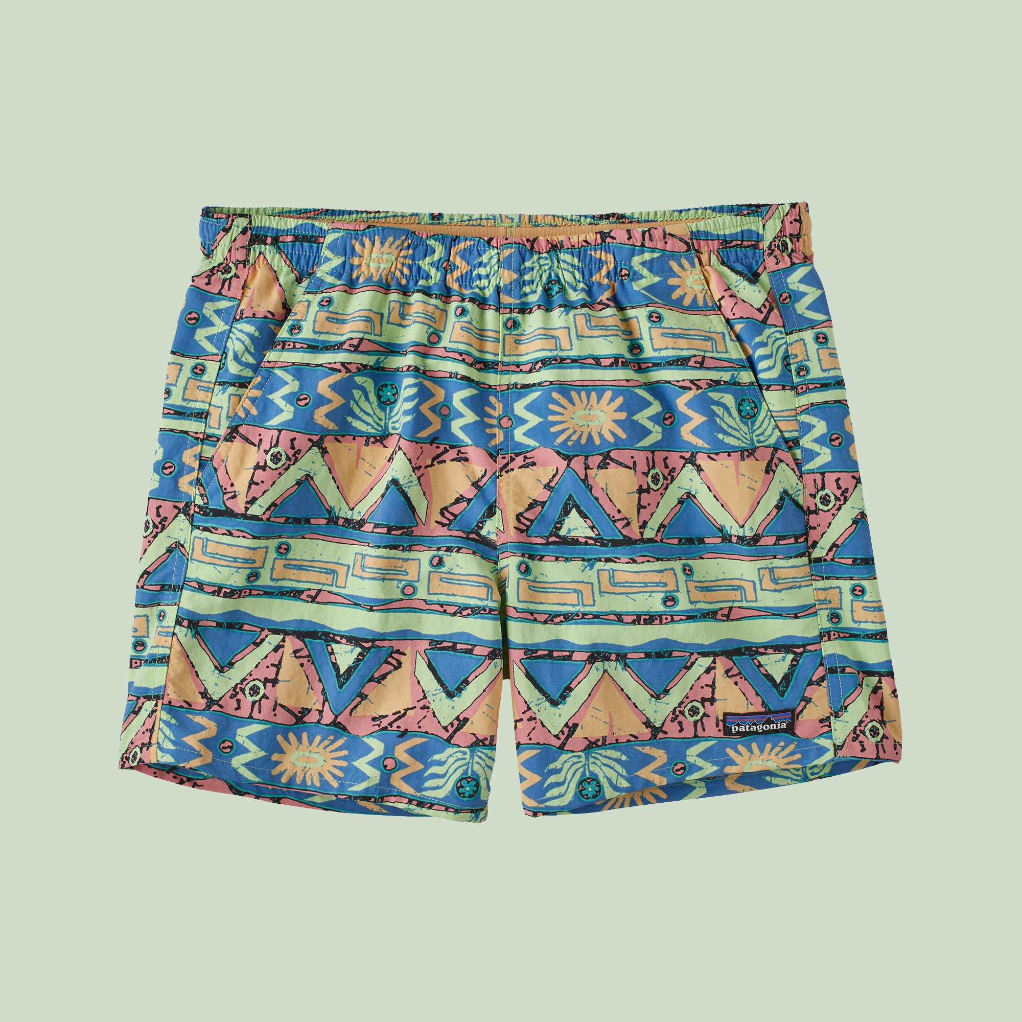 Printed shorts with an elastic waistband and geometric patterns; suitable for casual summerwear
