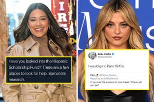 gina rodriguez captioned with tweet saying "have you looked into the hispanic scholarship fund? there are a few places to look for help mama lets research" and bebe rexha captioned with tweet asked when she'd time travel to answering "paris 1940s"