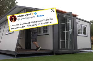 Person entering a small, modern portable house; tweet suggests helping with homelessness in America